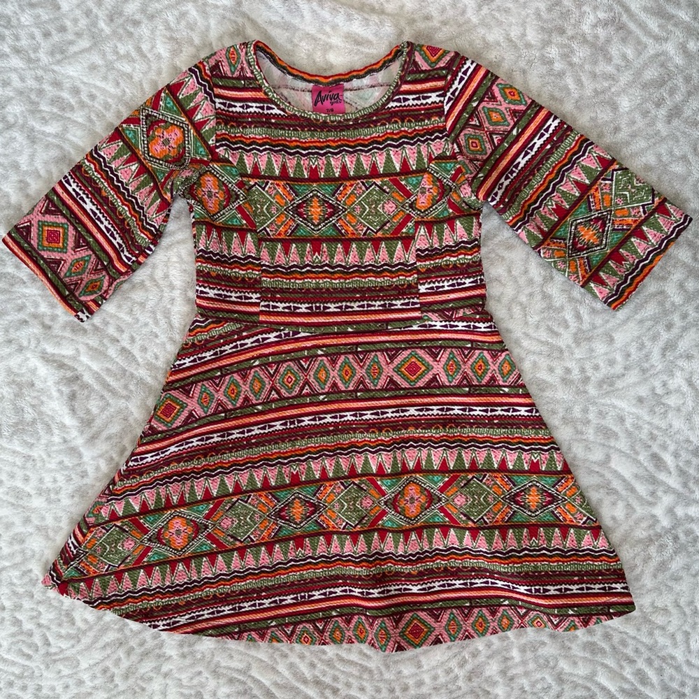 Aviva Girls Aztec Print 3/4 Sleeve Polyester Spandex Blend A-line Dress Size 7/8